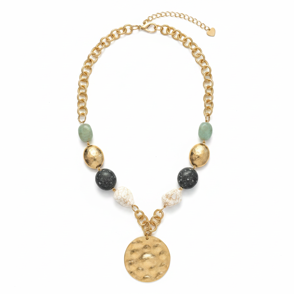 Zen Stone Hammered Coin Necklace – Gold studio flat lay