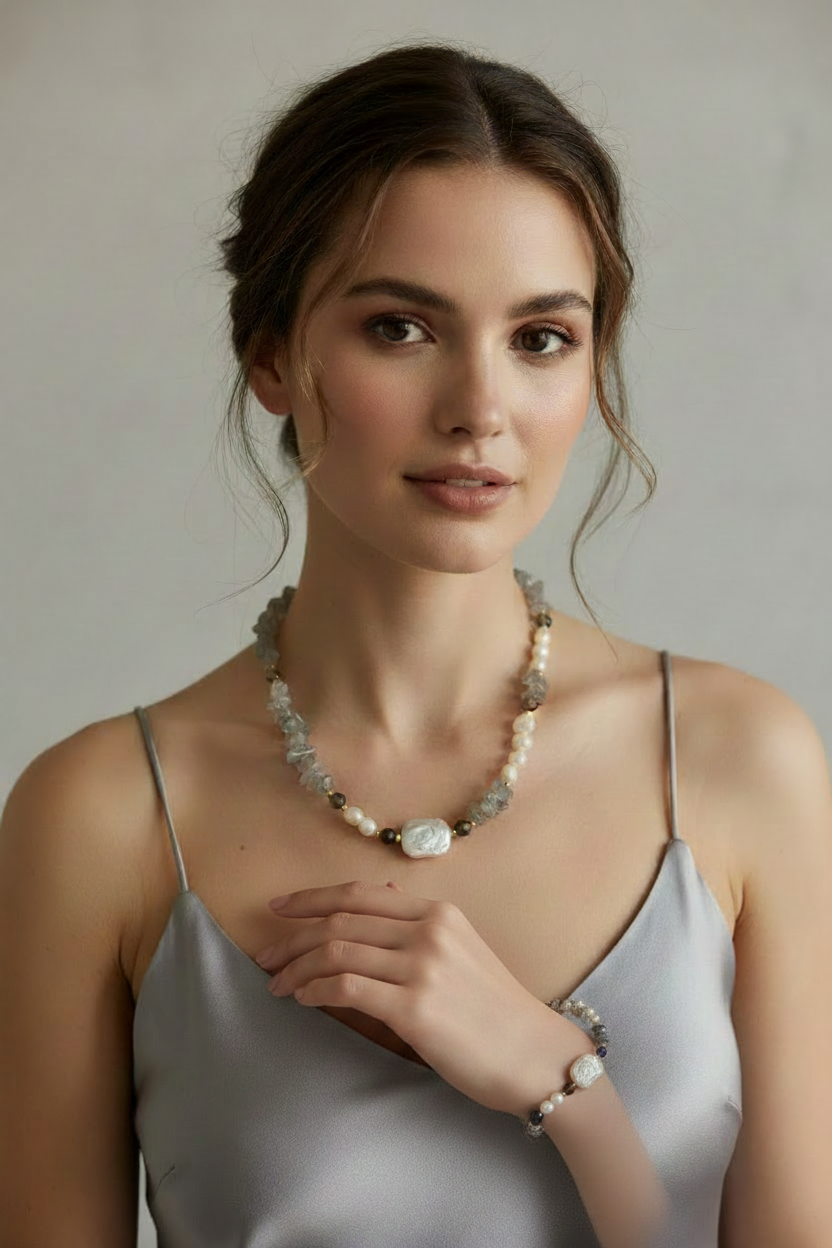 Labradorite Pearl Set – model wearing necklace and bracelet
