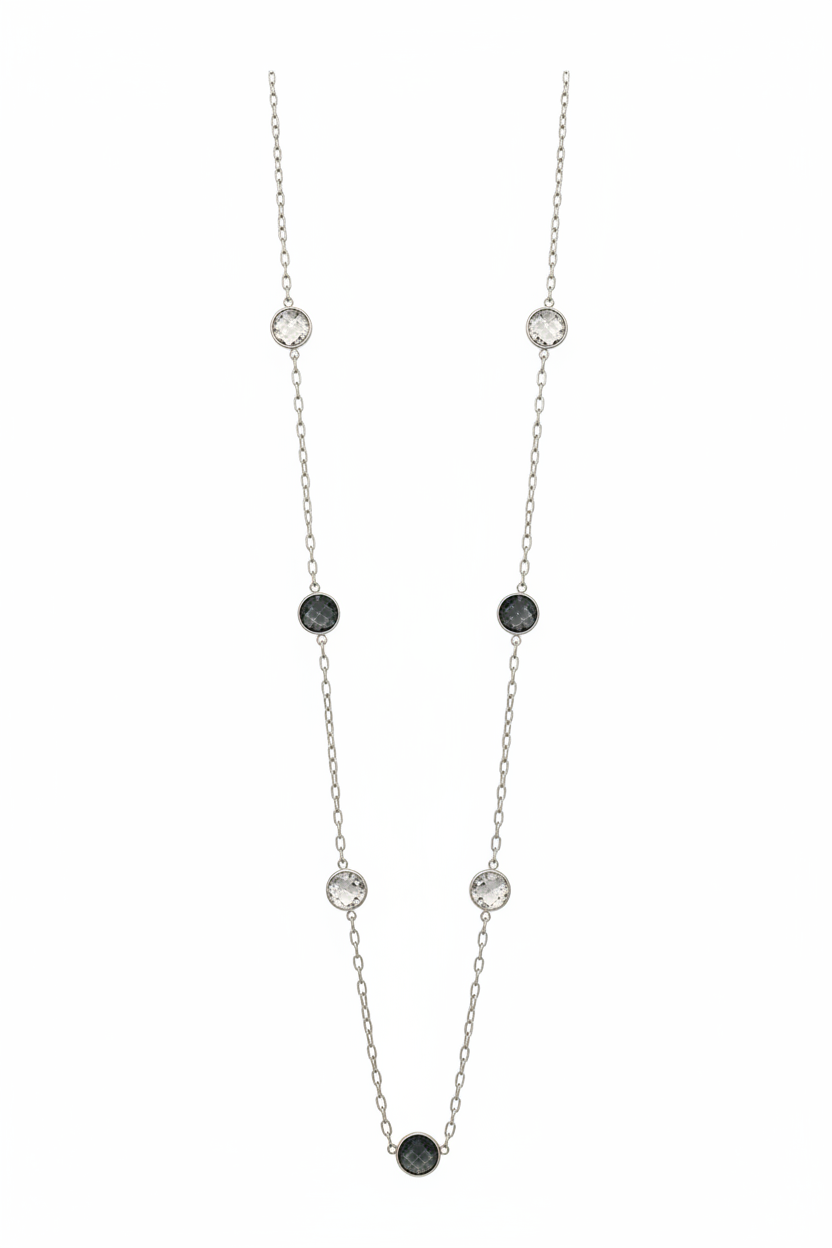 Crystal Bezel Station Necklace - flat lay grey background