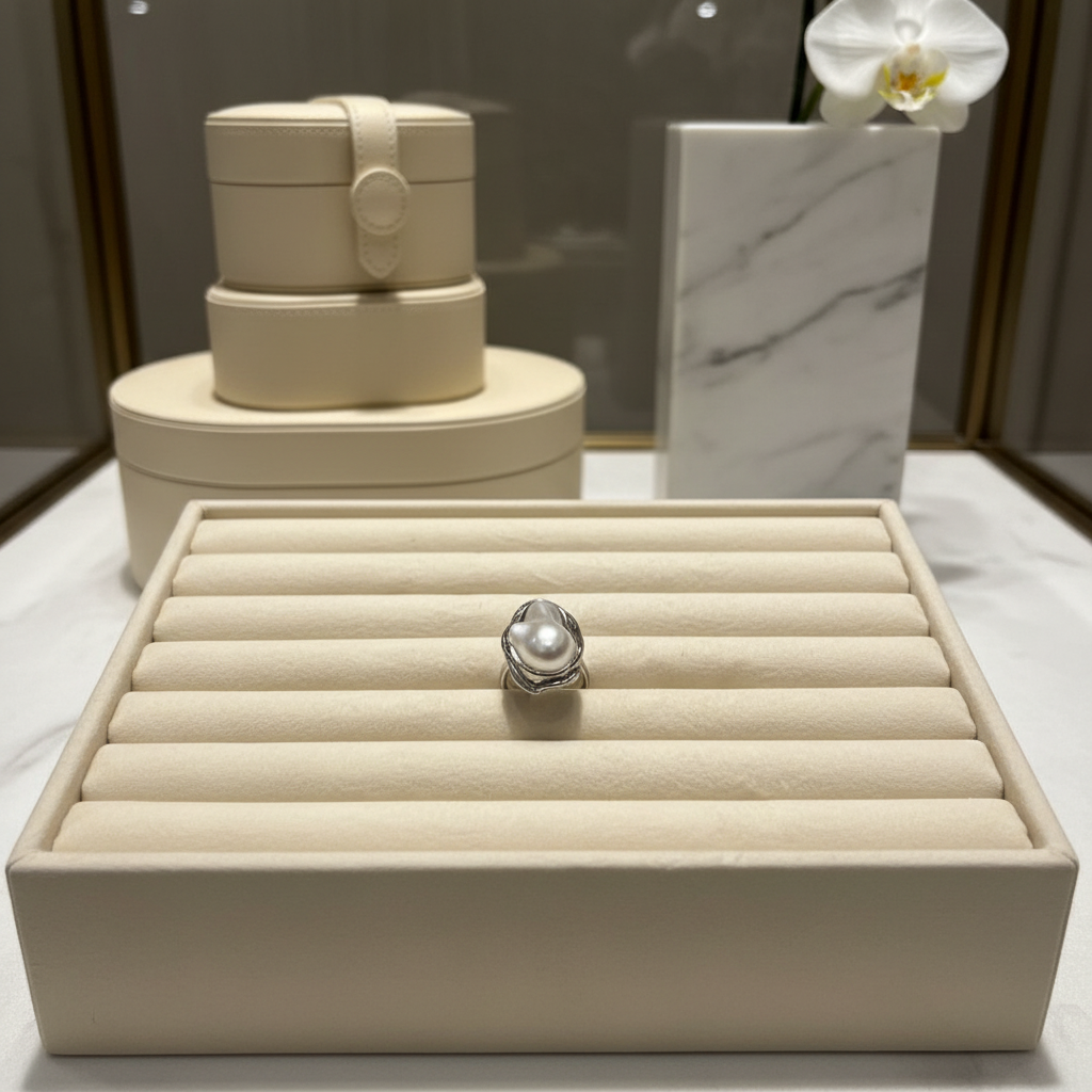 Baroque pearl ring on boutique velvet display