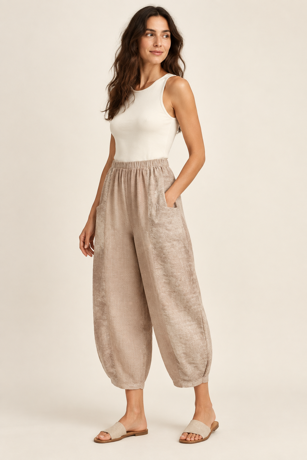 Laurel almond linen pants angled model view