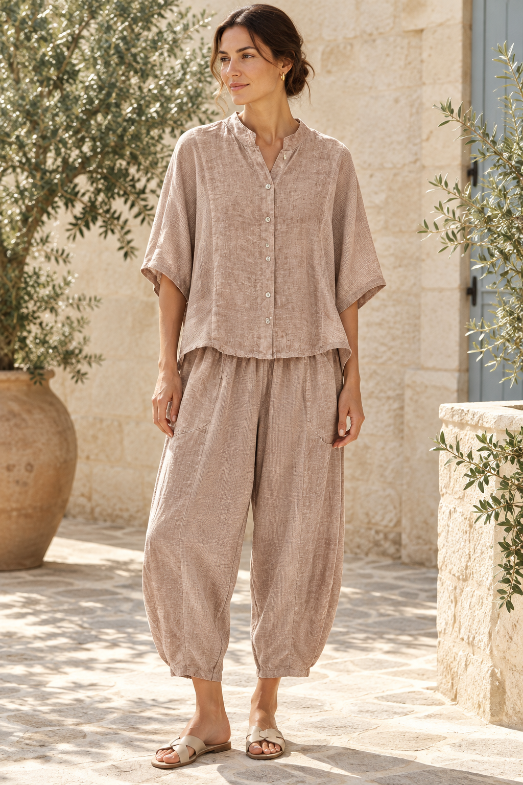 Laurel almond linen top and pants lifestyle image