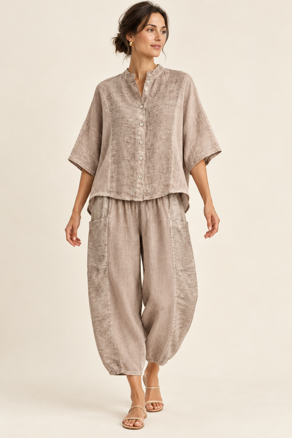 Laurel almond linen top and pants styled together on a model
