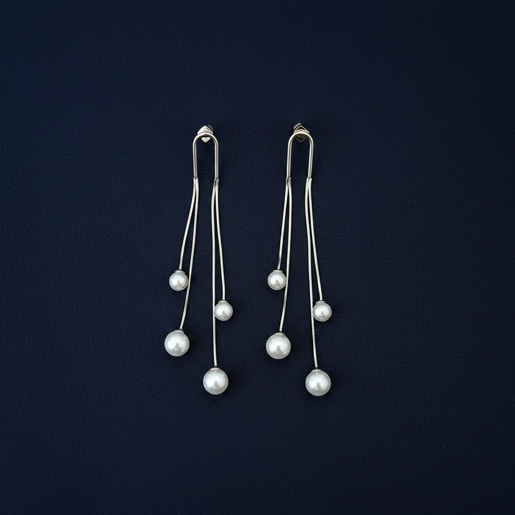 Midnight blue flat lay silver pearl threader earrings
