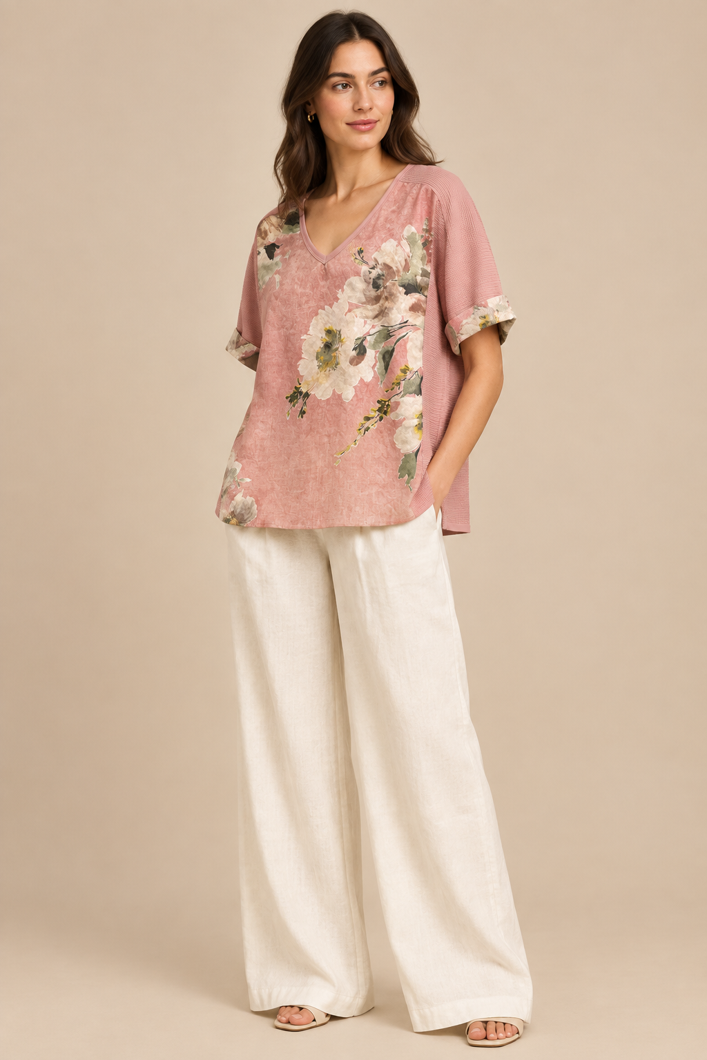 Mila blush pink linen top angled view