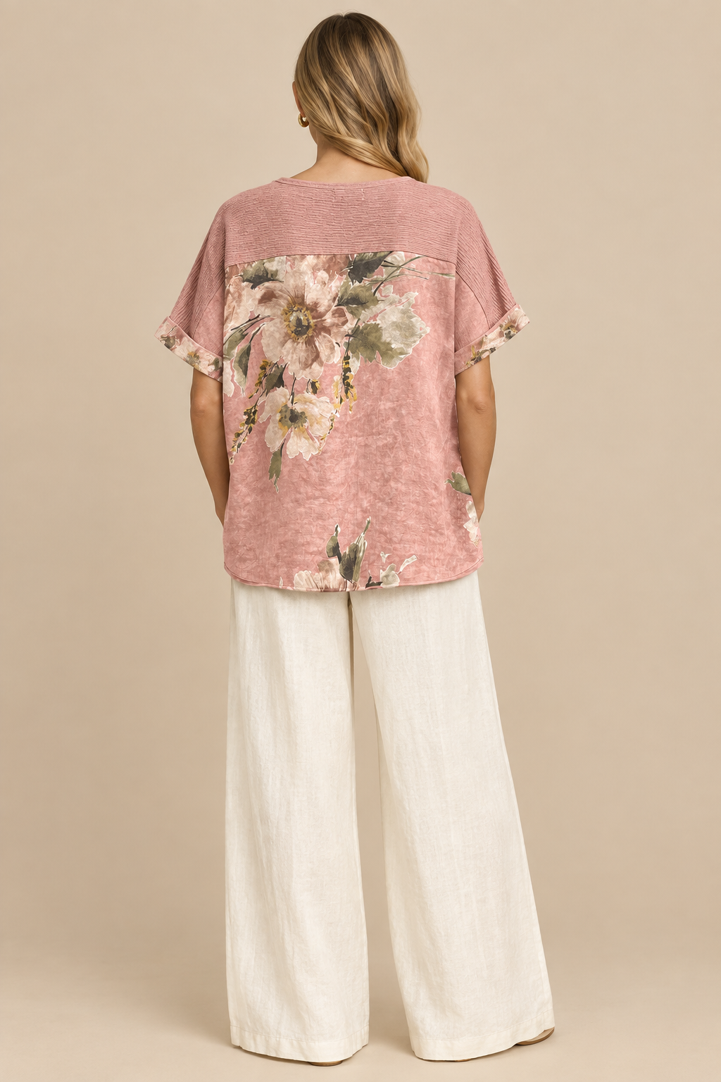 Mila blush pink linen top back view
