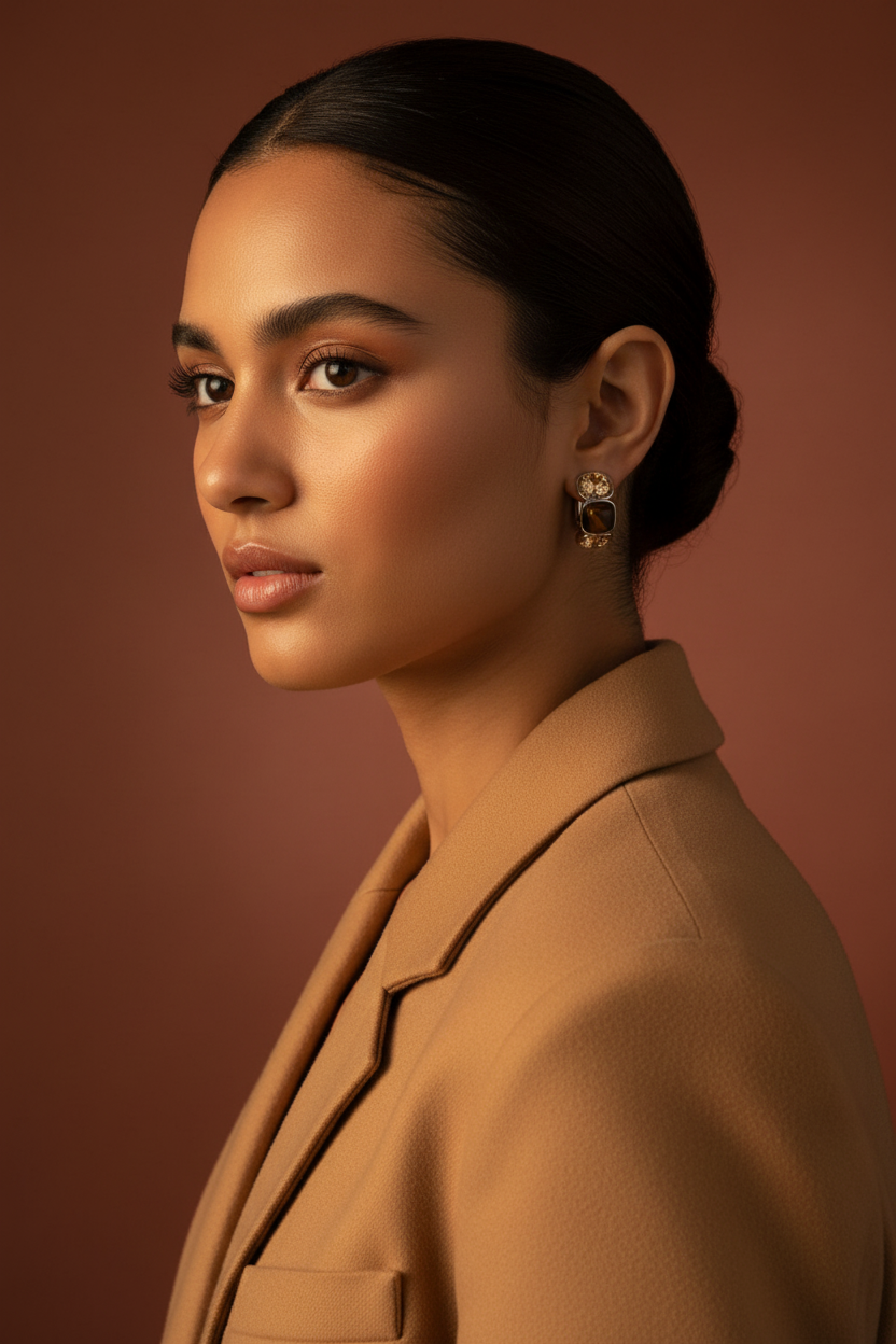 Model shot amber tiger eye huggie hoop earrings