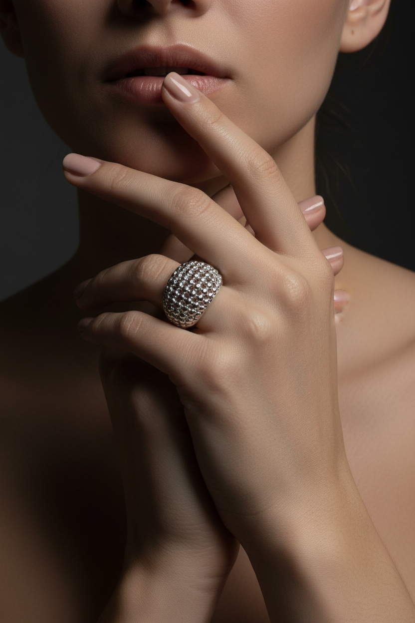 Model shot crystal pavé dome ring