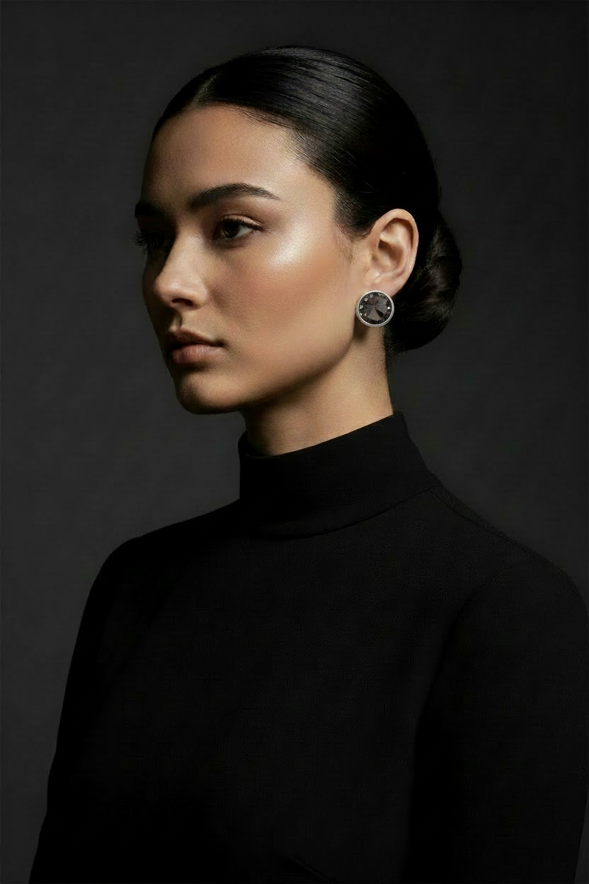 Model shot dark crystal silver bezel stud earrings