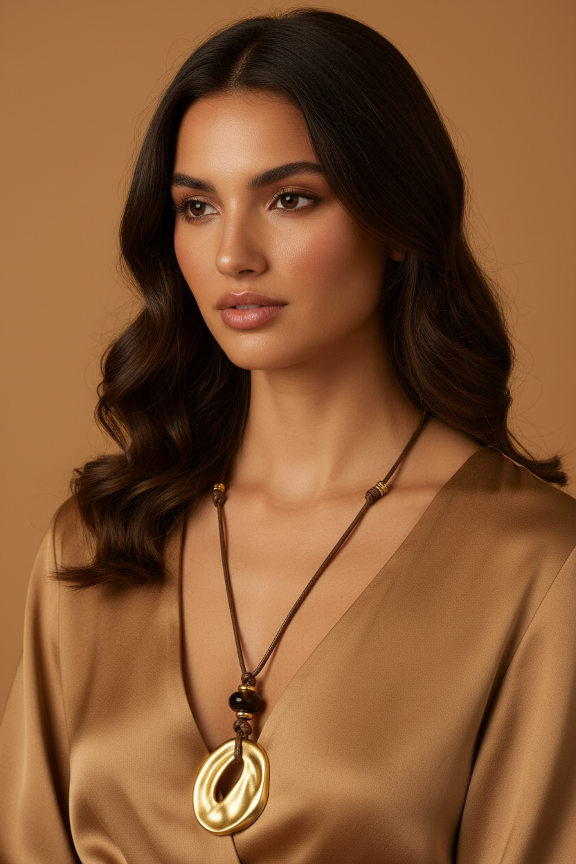 Model shot gold open oval pendant cord necklace