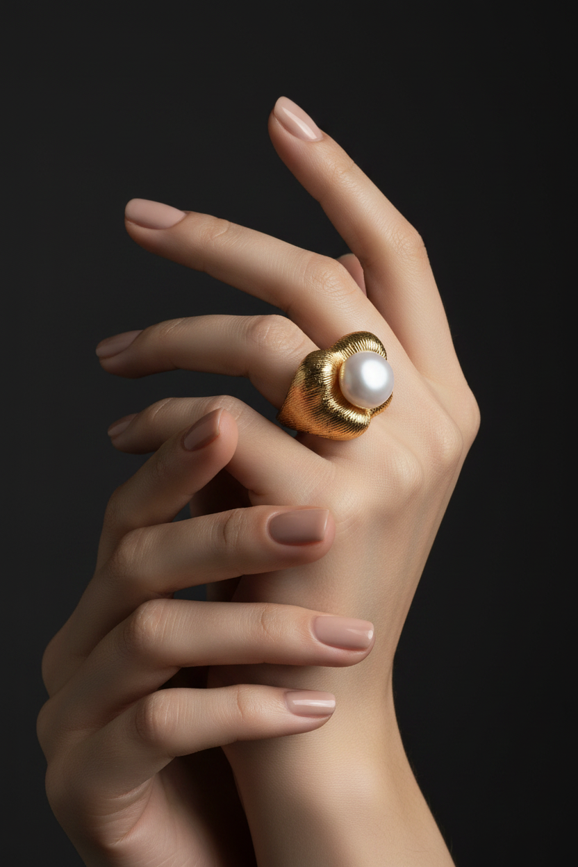 Model shot gold pearl sculptural ring
