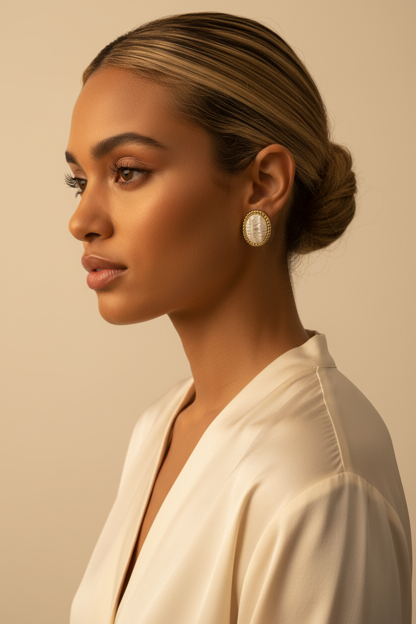 Model shot mother of pearl gold rope oval earrings