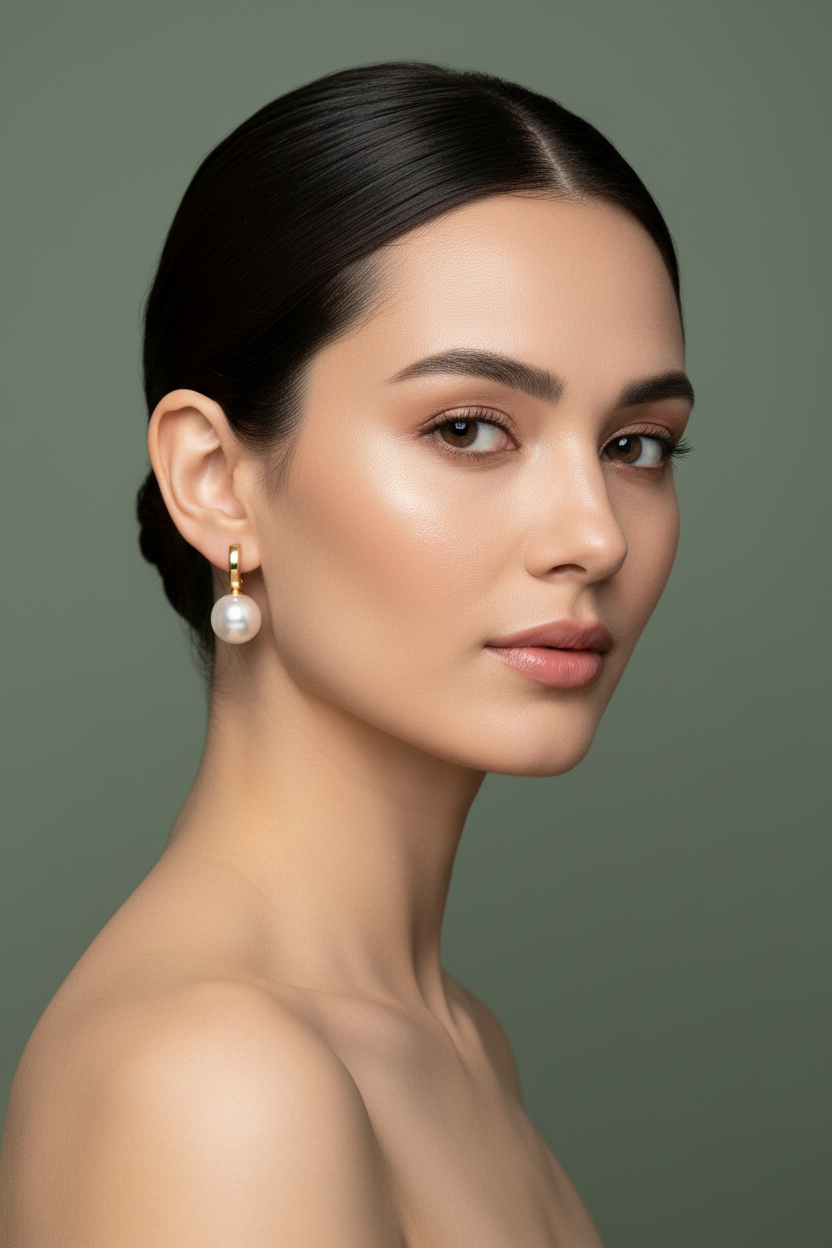 Model shot pearl huggie earrings sage green
