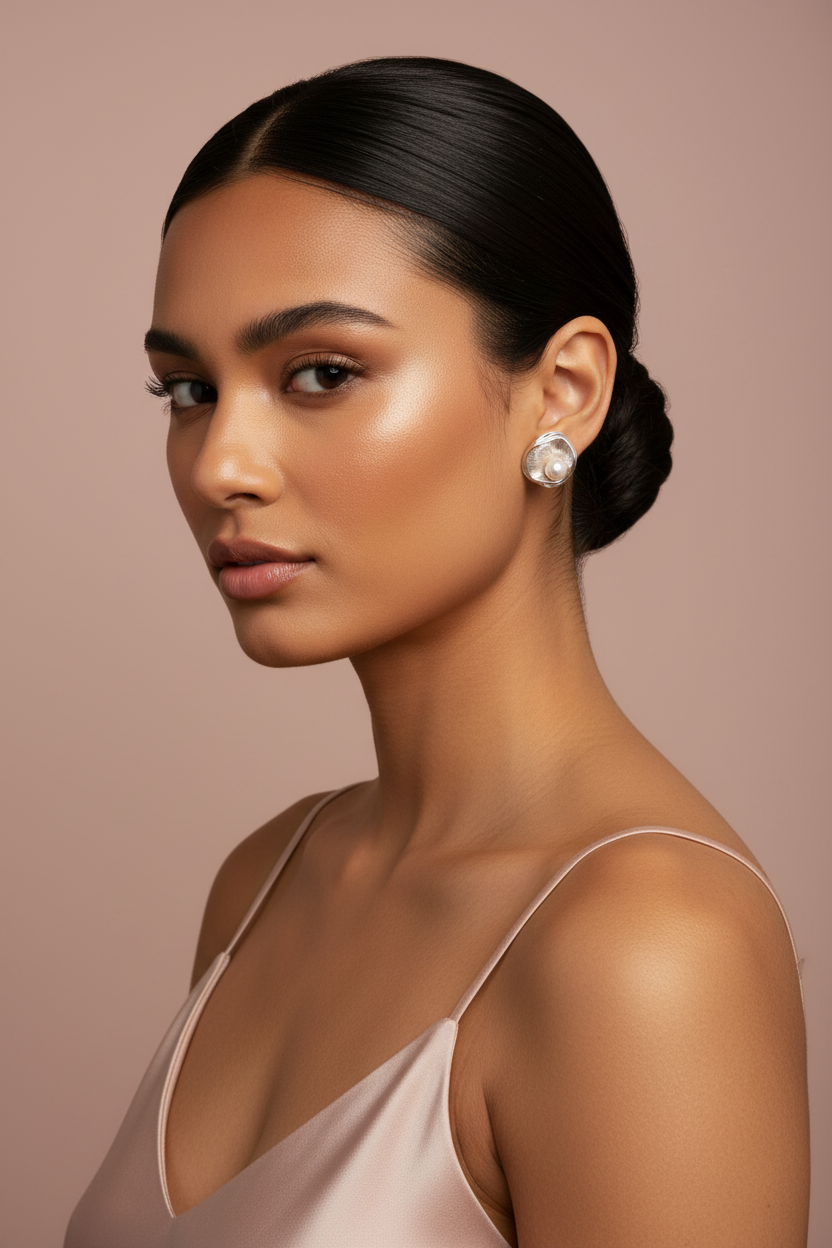 Model shot silver flower pearl stud earrings