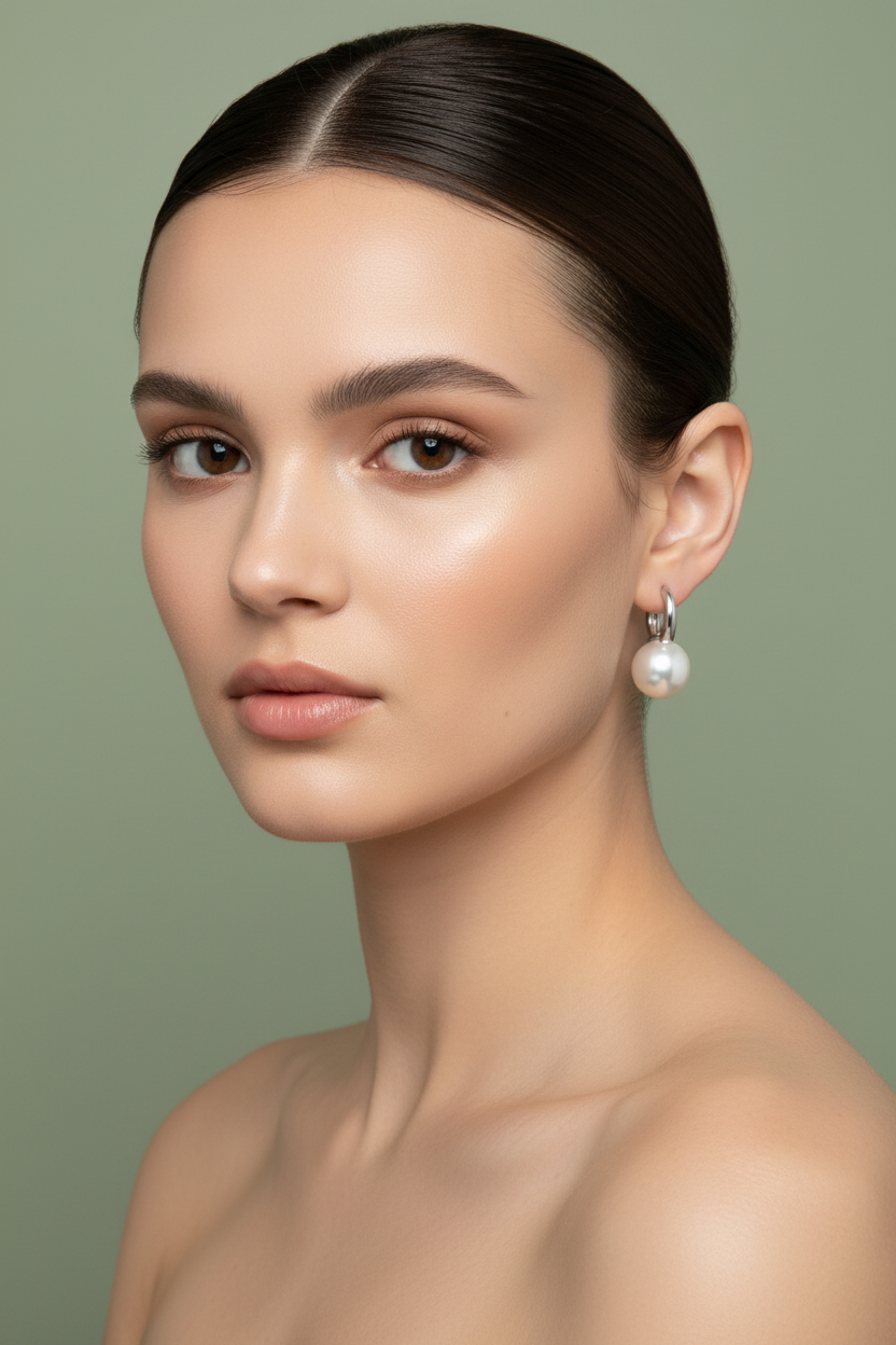 Model shot silver pearl huggie earrings