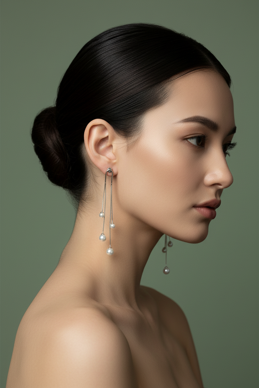 Model shot silver pearl threader earrings