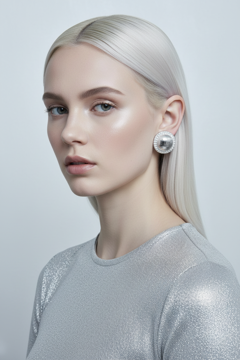 Model shot silver ribbed dome bead border stud earrings