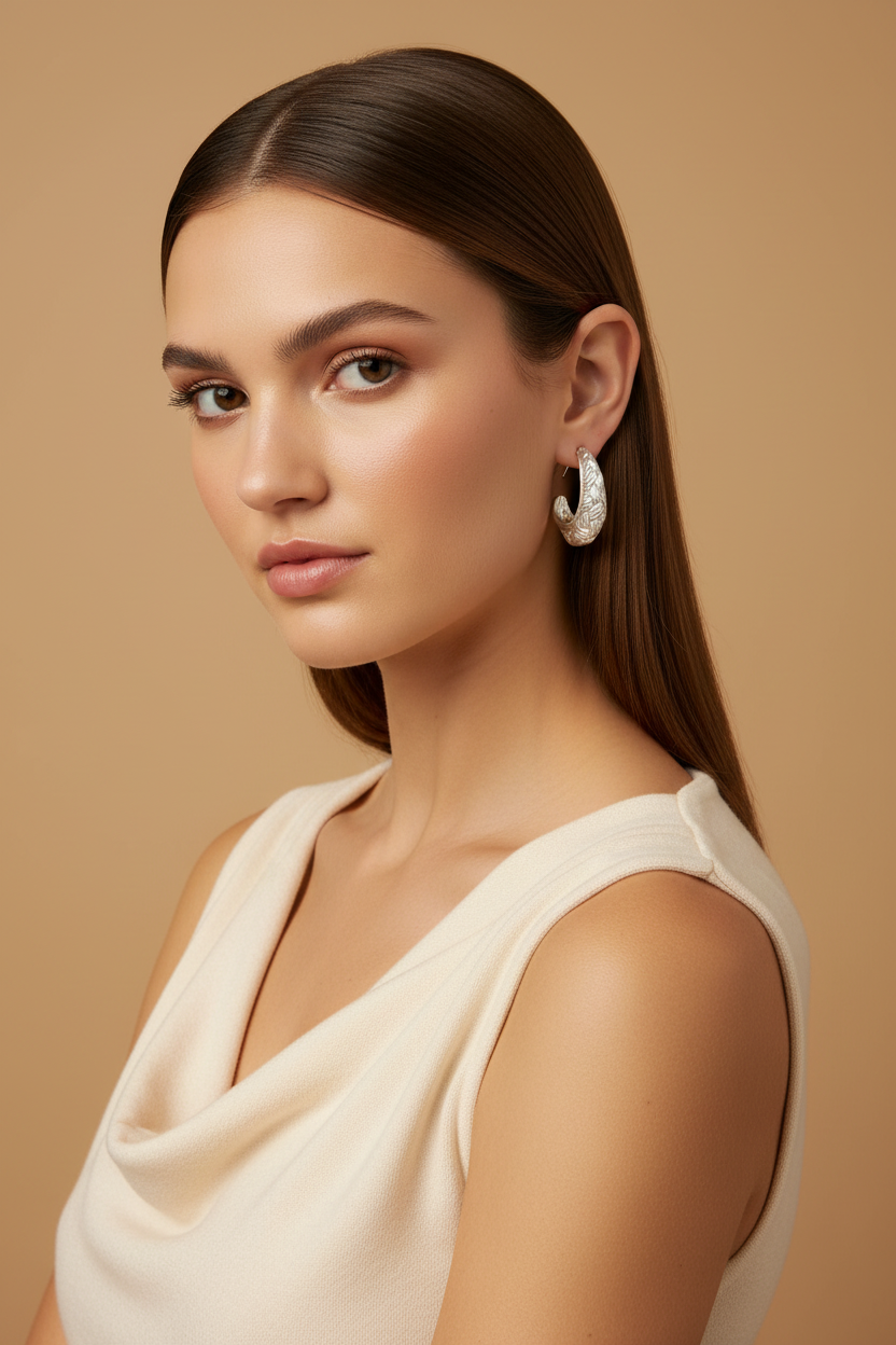 Model shot silver woven oval hoop earrings