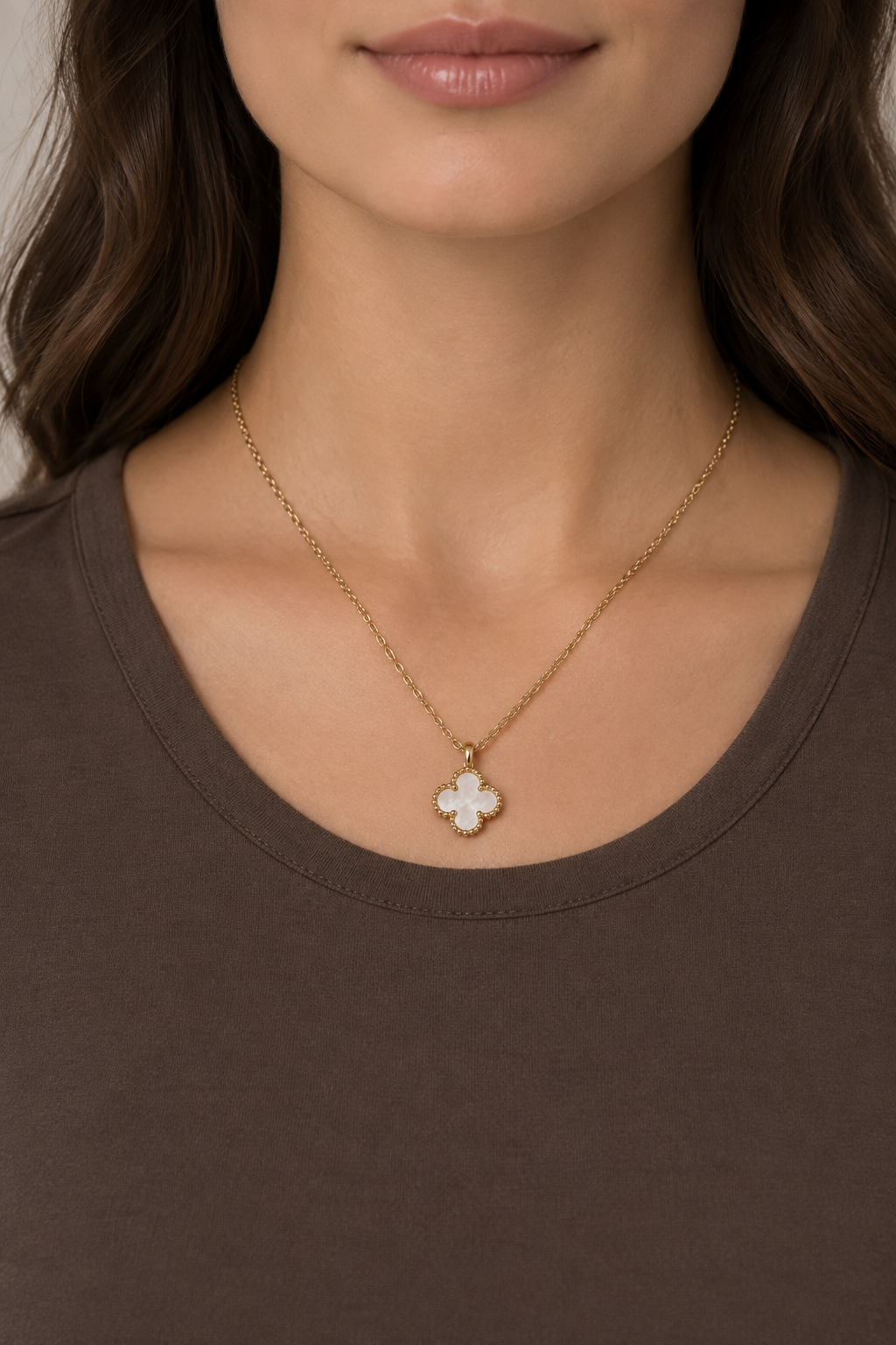 Model wearing the Erin White Clover Necklace