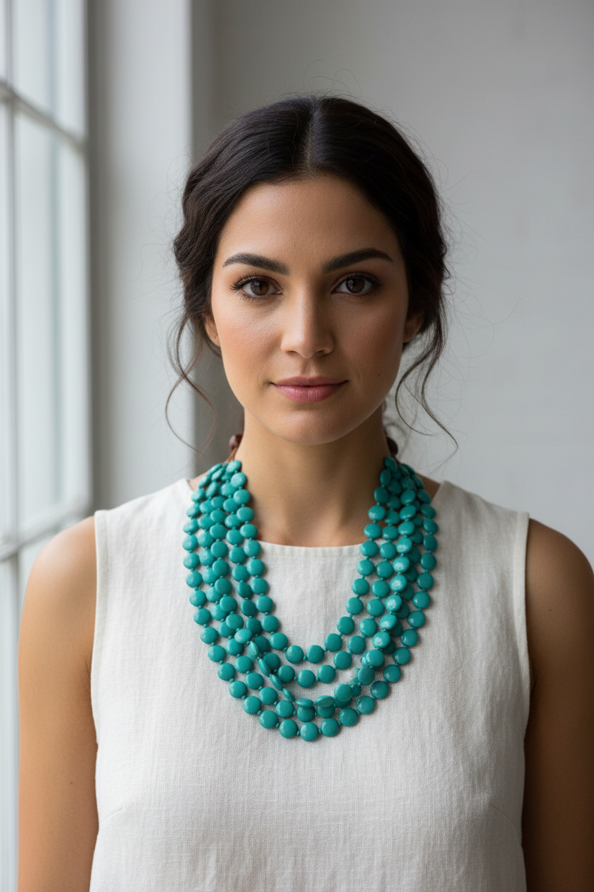 Modelo usando colar turquesa