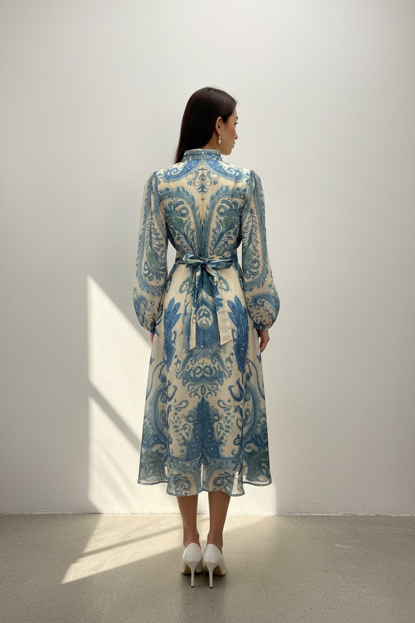 Modelo vista de costas - vestido azul paisley