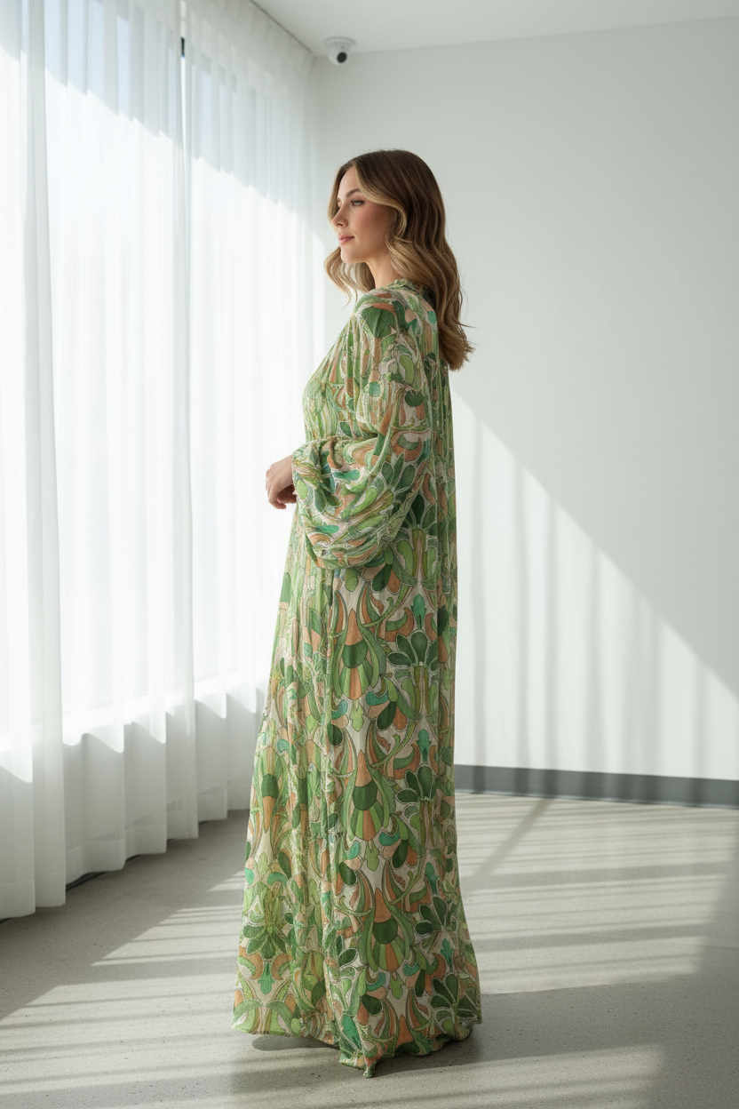 Modelo vista lateral com mangas lisas