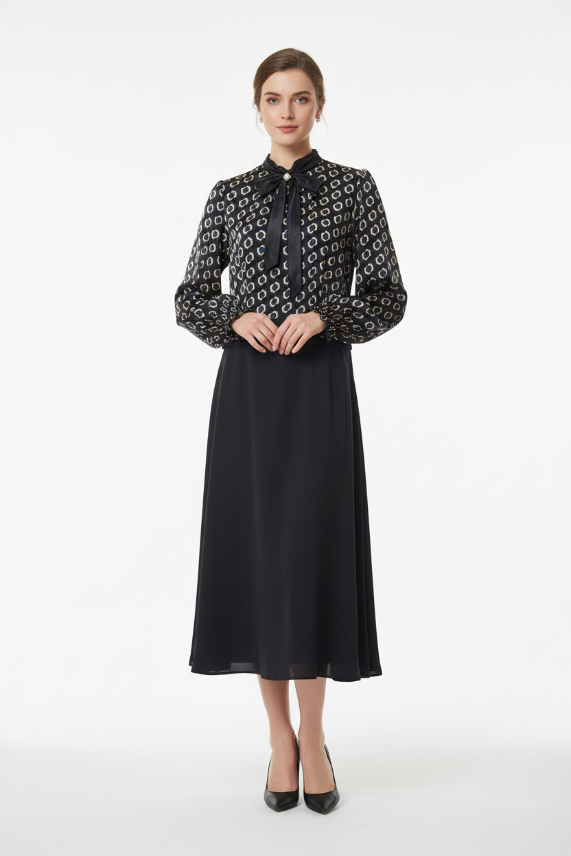 Navy Geometric Midi Dress - Mid-Calf Hem