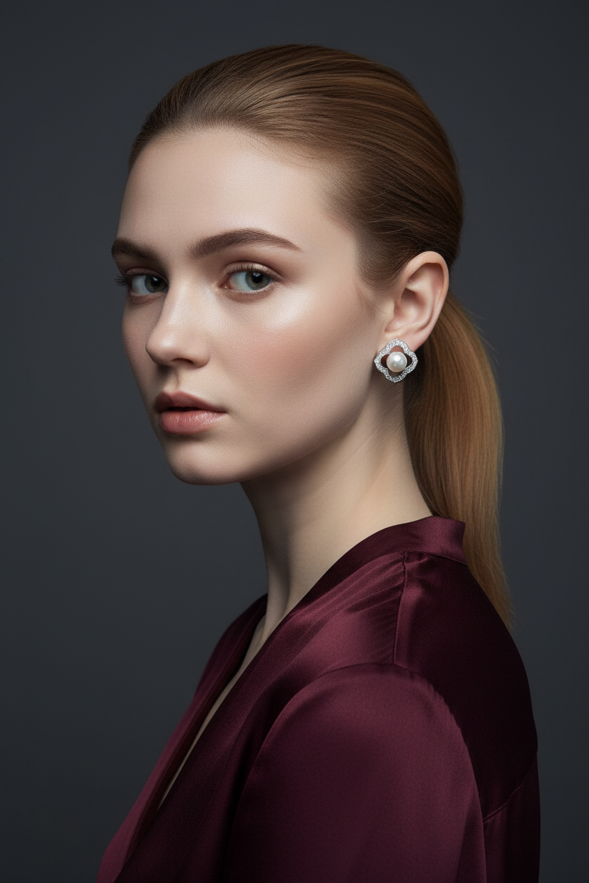 New model silver crystal quatrefoil pearl stud earrings