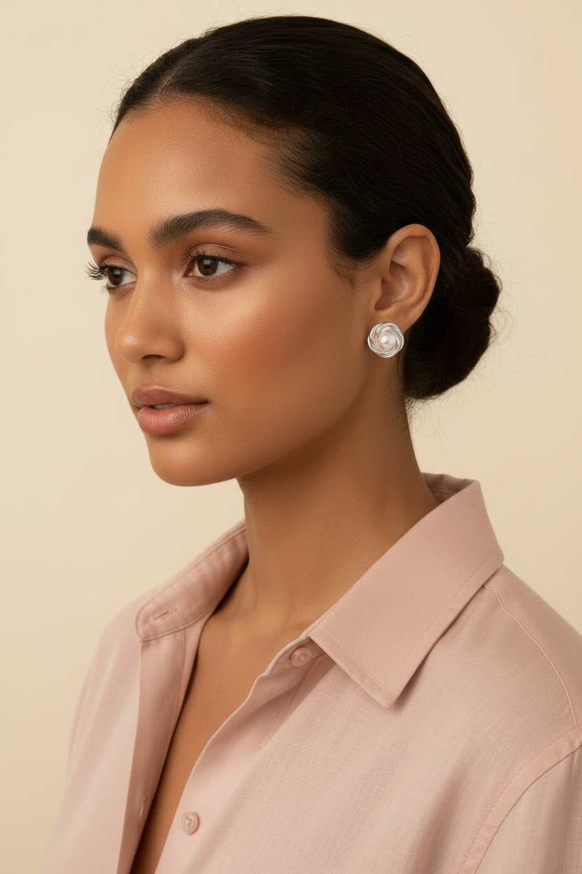 Pink shirt model silver wire knot pearl earrings