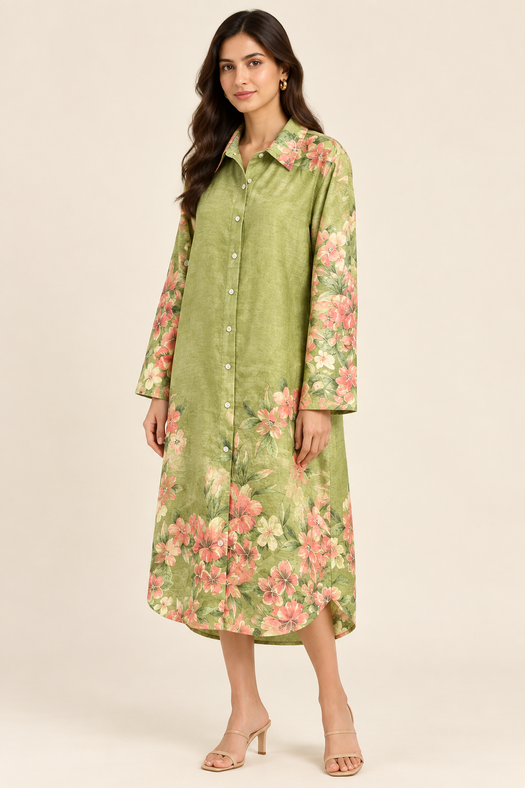 Pistachio floral shirt dress angled model view