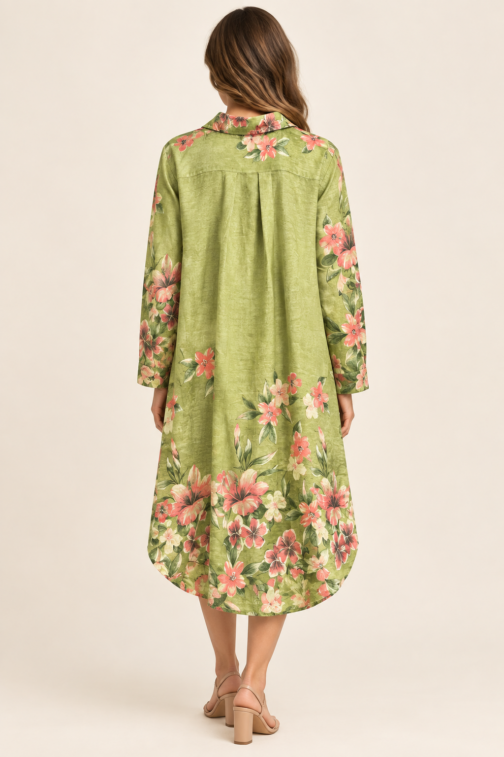 Pistachio floral shirt dress back model view