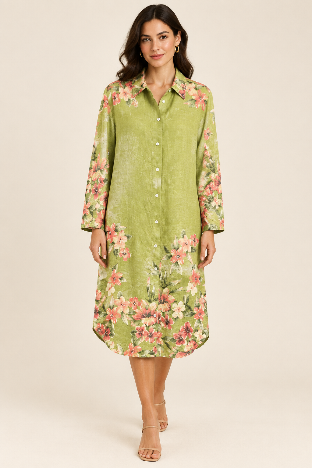 Pistachio floral shirt dress front model view