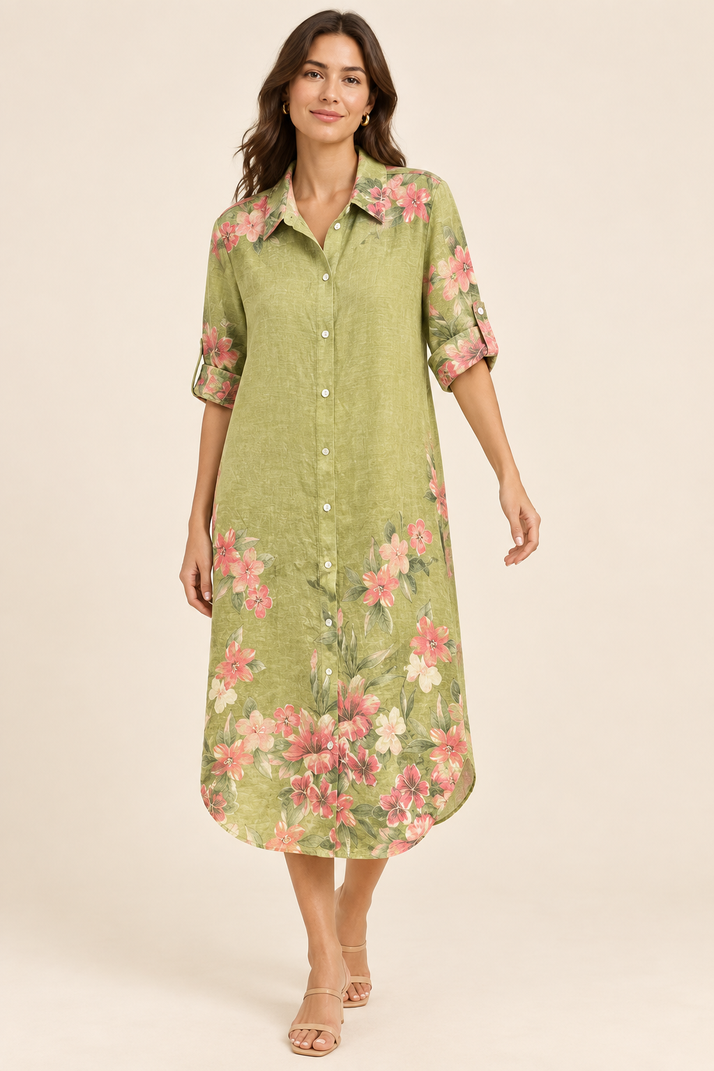 Pistachio floral shirt dress with rolled sleeves and button tabs