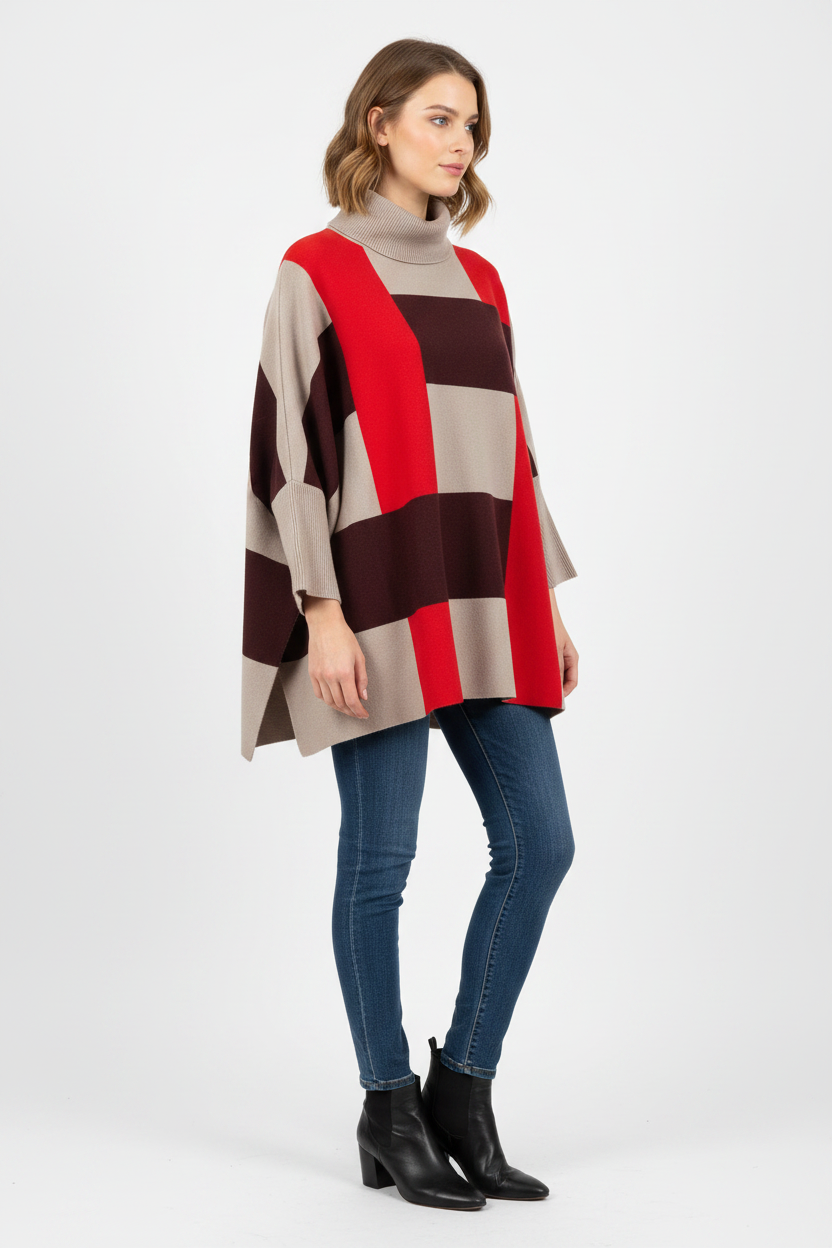 COLOUR BLOCK KNIT PONCHO