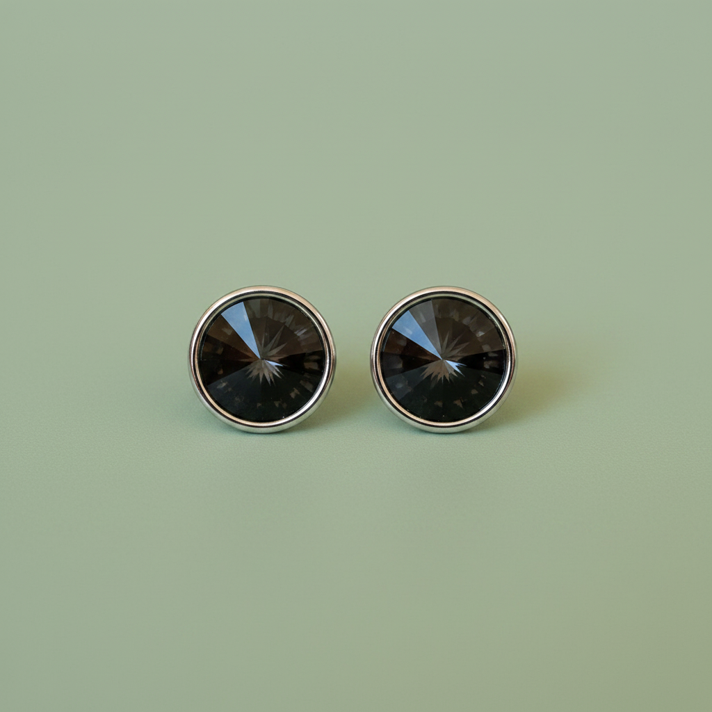 Sage green dark crystal silver bezel stud earrings