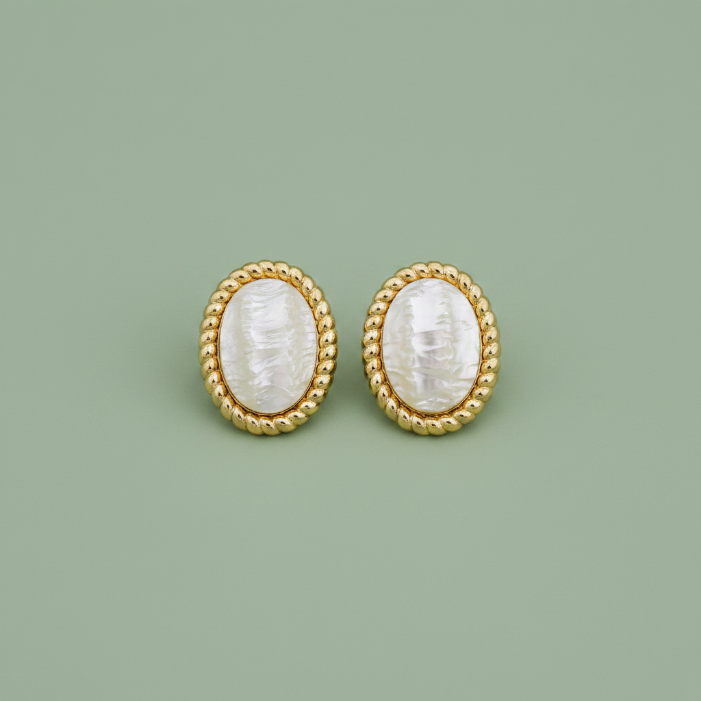 Sage green mother of pearl gold rope oval earrings