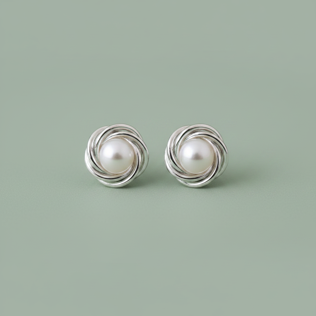 Sage green silver wire knot pearl stud earrings