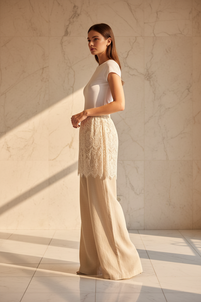 Sand Linen Lace Pants – Side