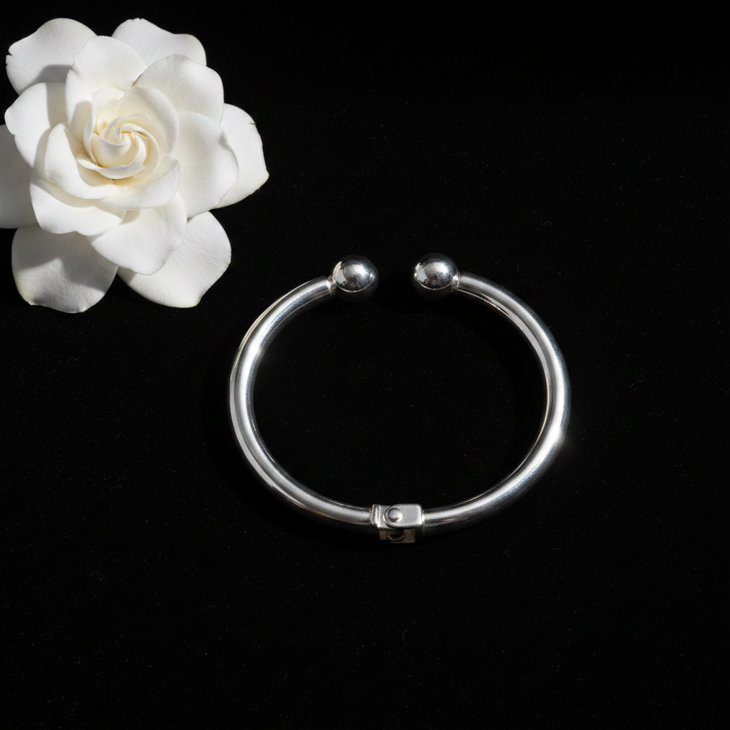 Silver ball cuff elegant flat lay