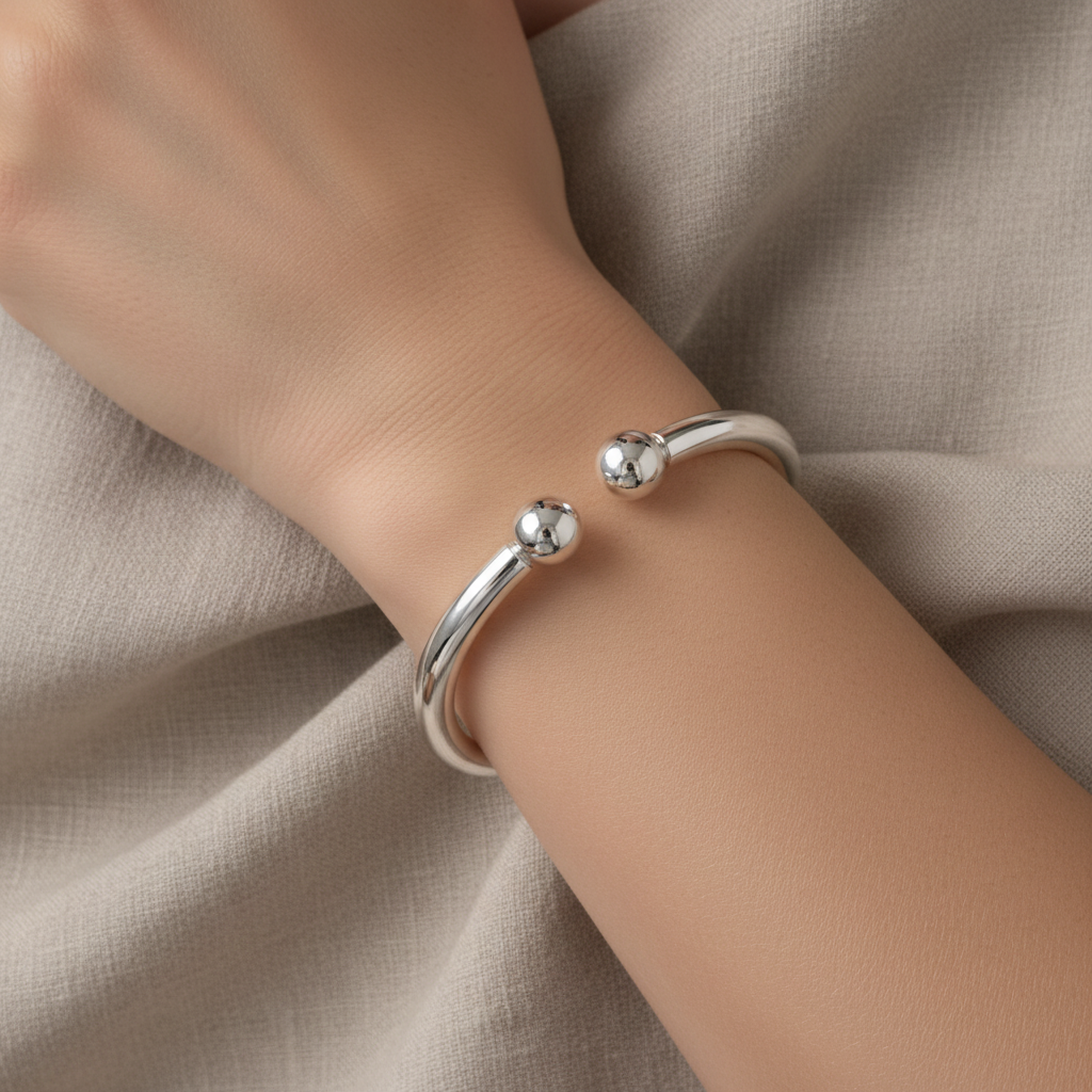 Silver ball cuff neutral linen