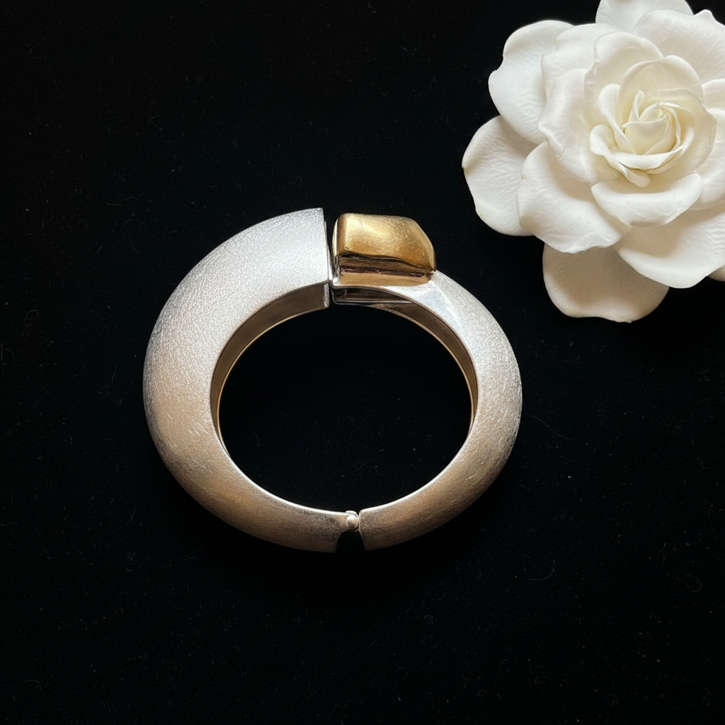 Silver gold nugget cuff flat lay