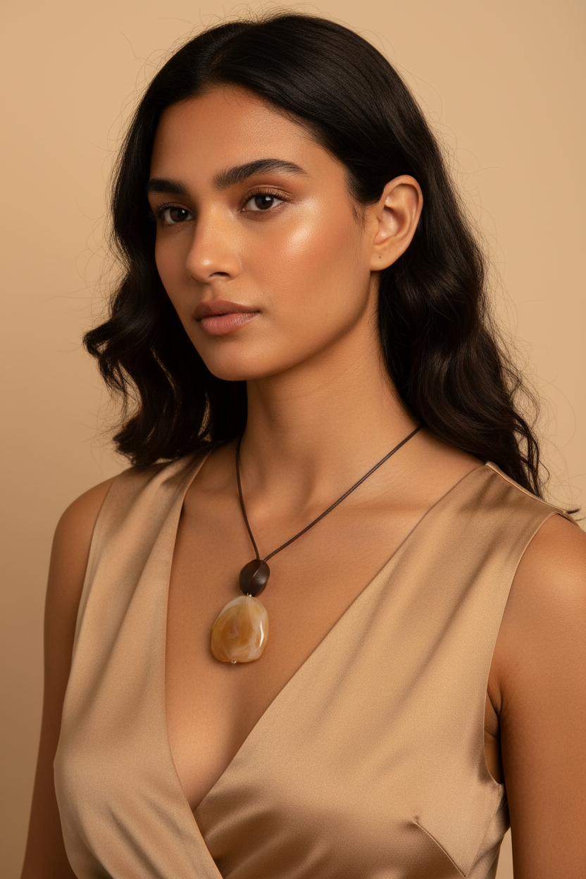 Smaller pendant model shot honey resin stone dark cord necklace