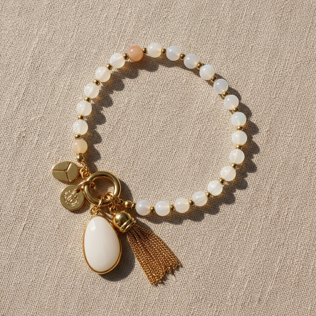 Stone charm bracelet linen flat lay