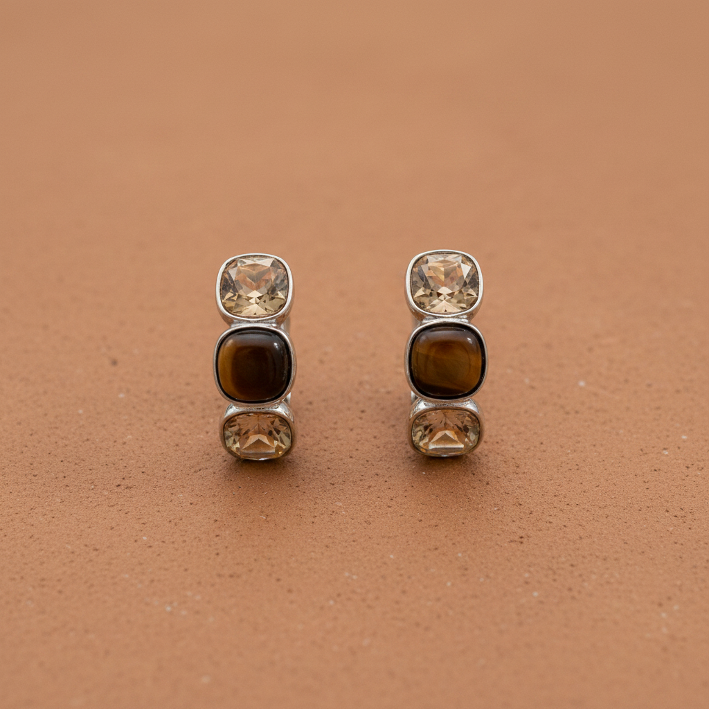 Terracotta amber tiger eye huggie hoop earrings