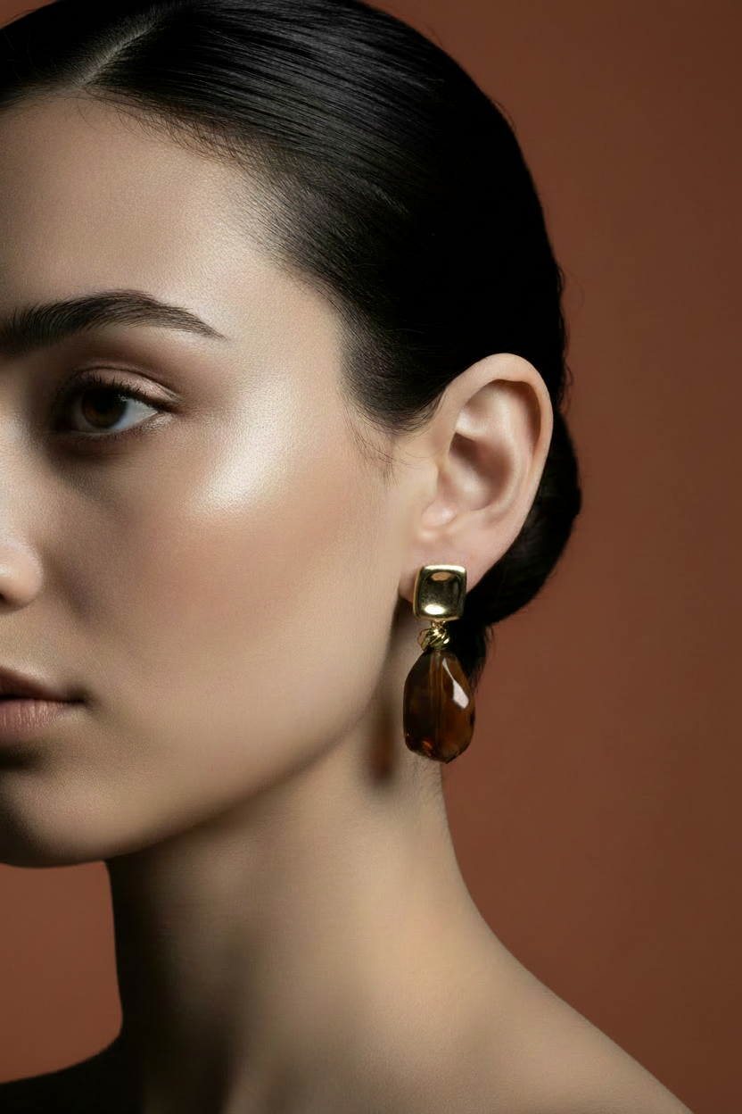 Terracotta background amber drop earrings model