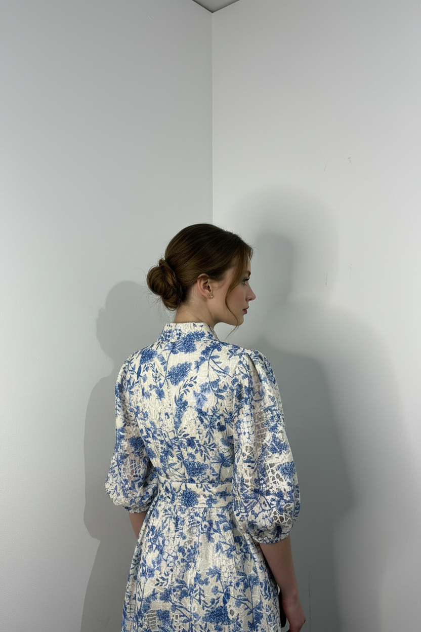 Vestido Floral Azul - Costas com Modelo