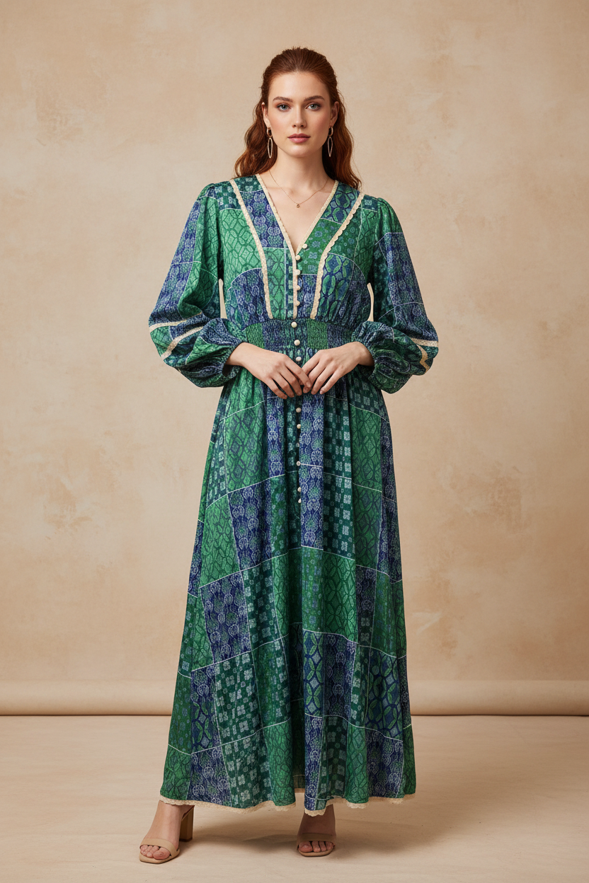 Vestido Patchwork Verde e Azul - Frente com Modelo