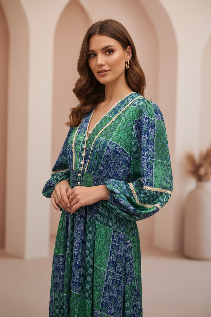 Vestido Patchwork Verde e Azul - Ângulo 3/4 com Modelo