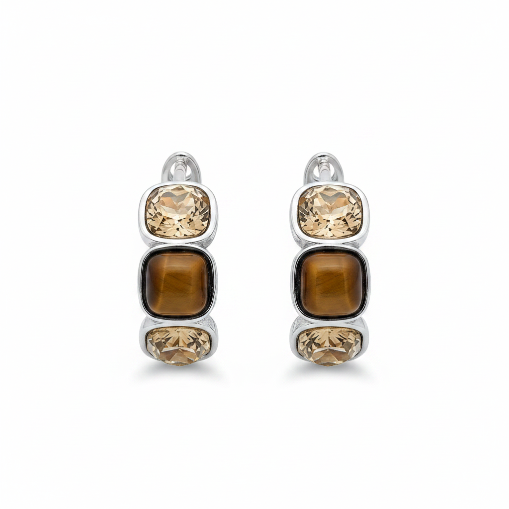 White background amber tiger eye huggie hoop earrings