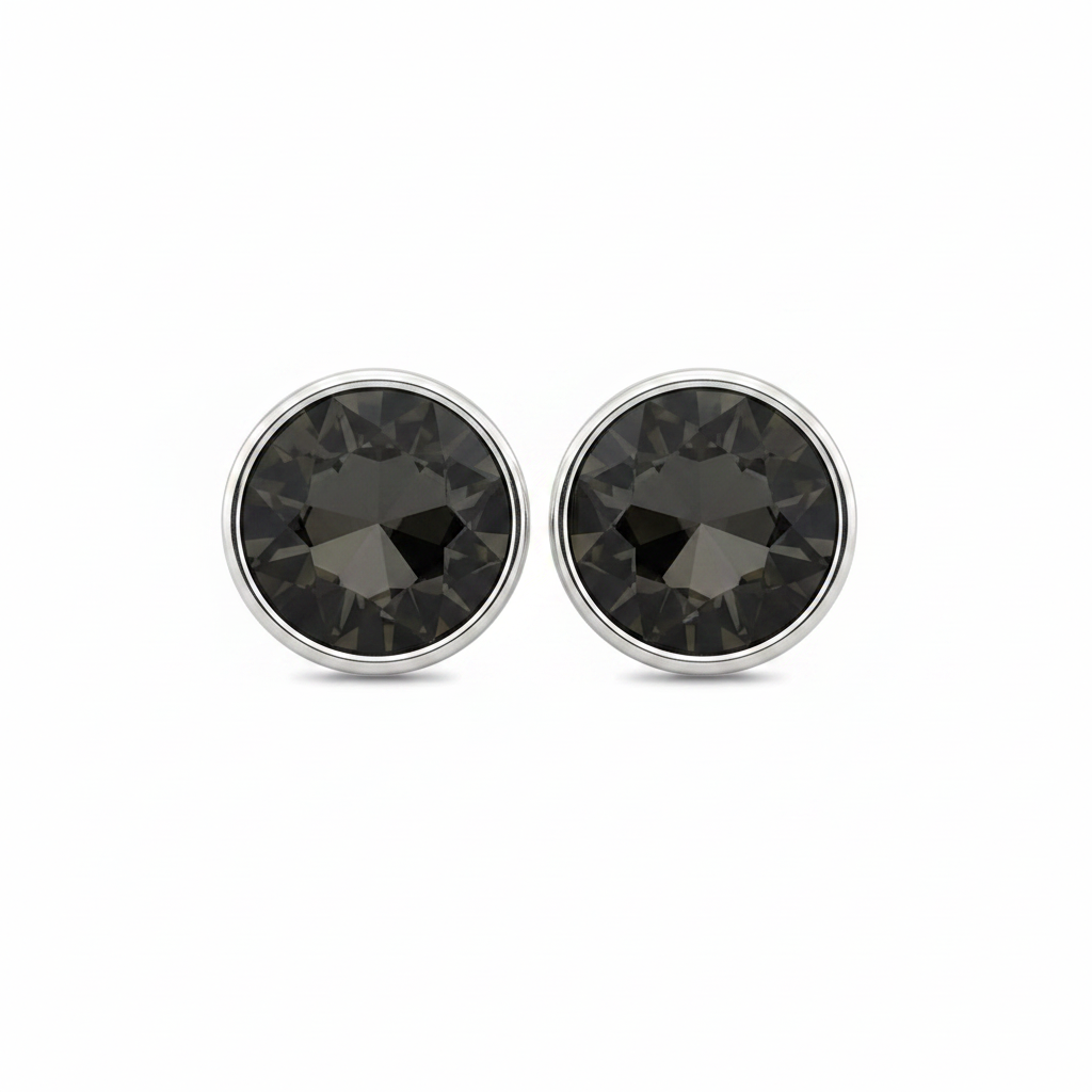 White background dark crystal silver bezel stud earrings